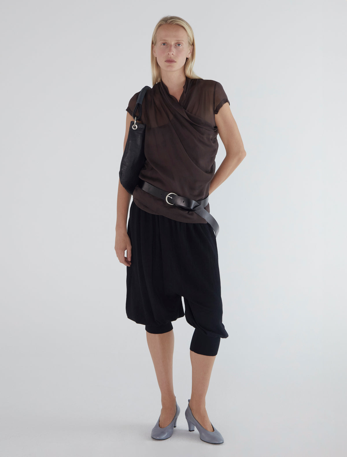 Trisa silk top crossover neckline pleats brown