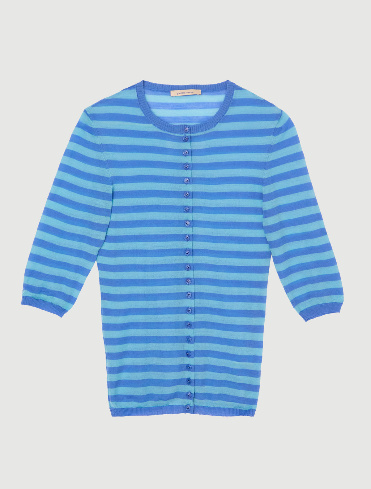 Balsam fitted striped cardigan button closure elbow length sleeves blue