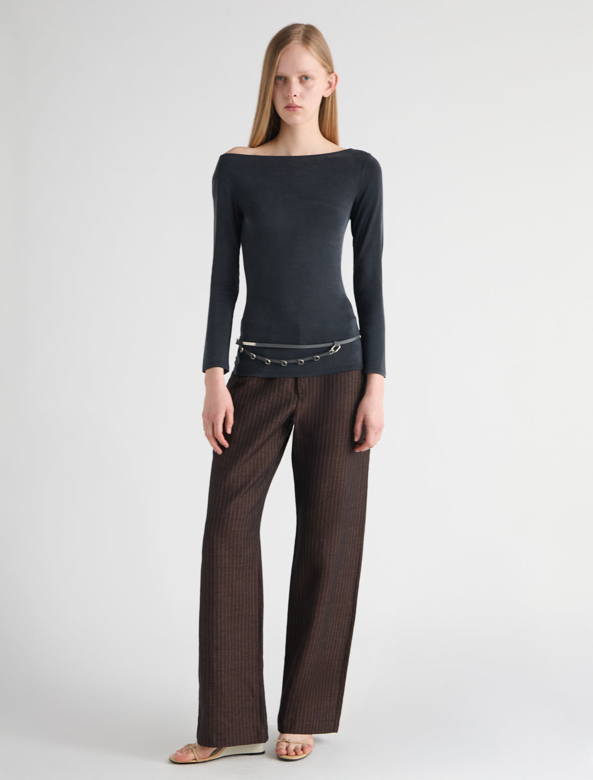 Beni fitted long sleeve cupro top asymmetrical neckline sropped shoulder black