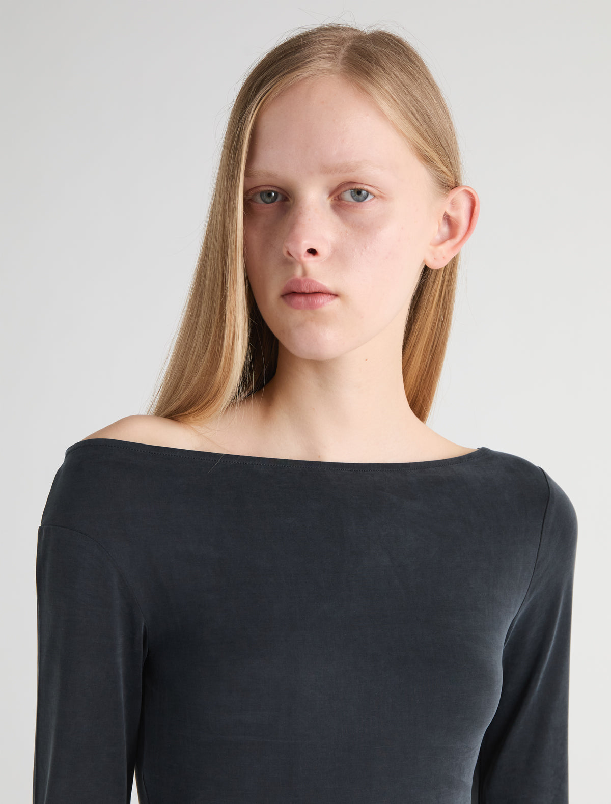 Beni fitted long sleeve cupro top asymmetrical neckline sropped shoulder black