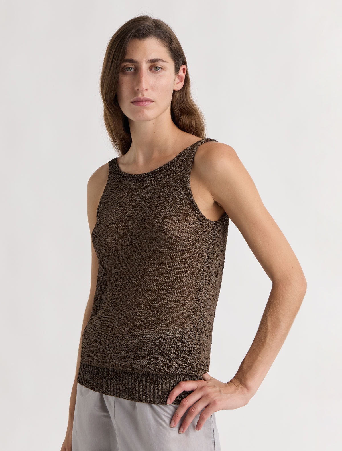 Chale sleeveless knitted top draped back brown