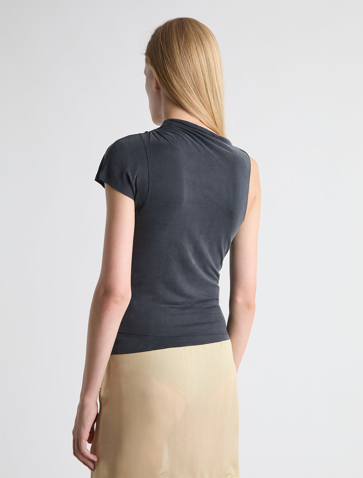 ELVIRA- Black asymmetric sleeve, soft-neck cupro top – paloma wool