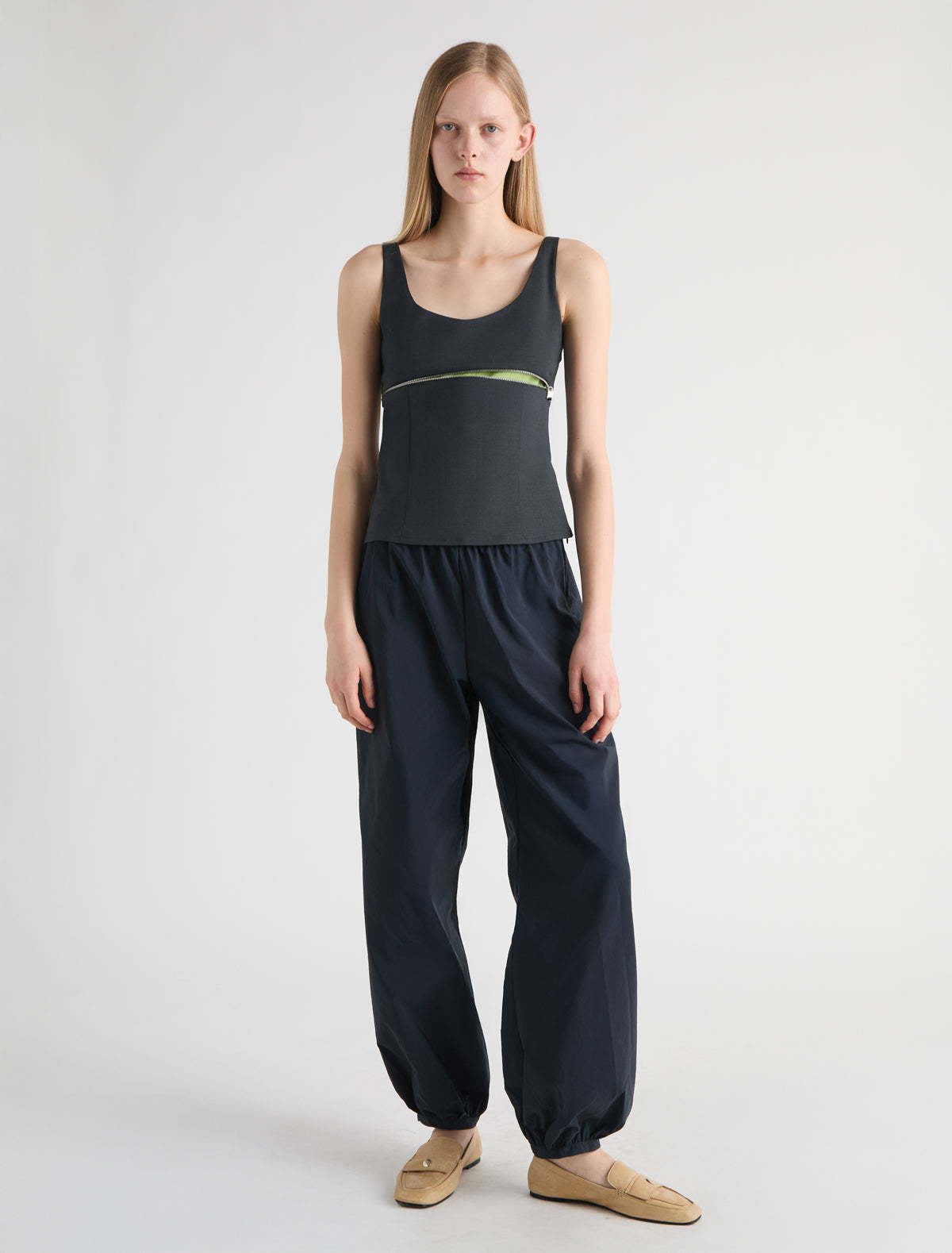 BOZA-Navy balloon-style pants made from soft nylon with a slight