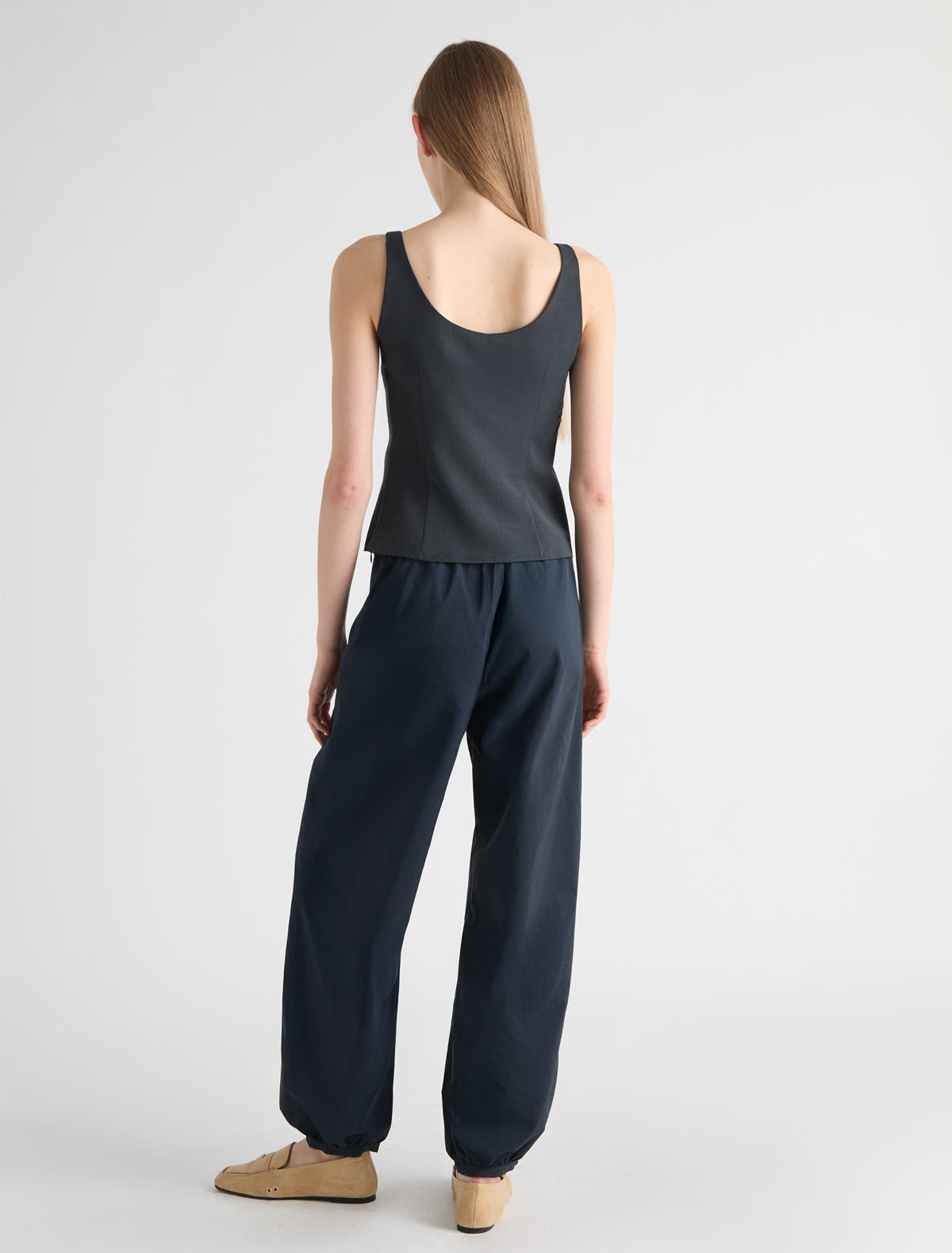 BOZA-Navy balloon-style pants made from soft nylon with a slight