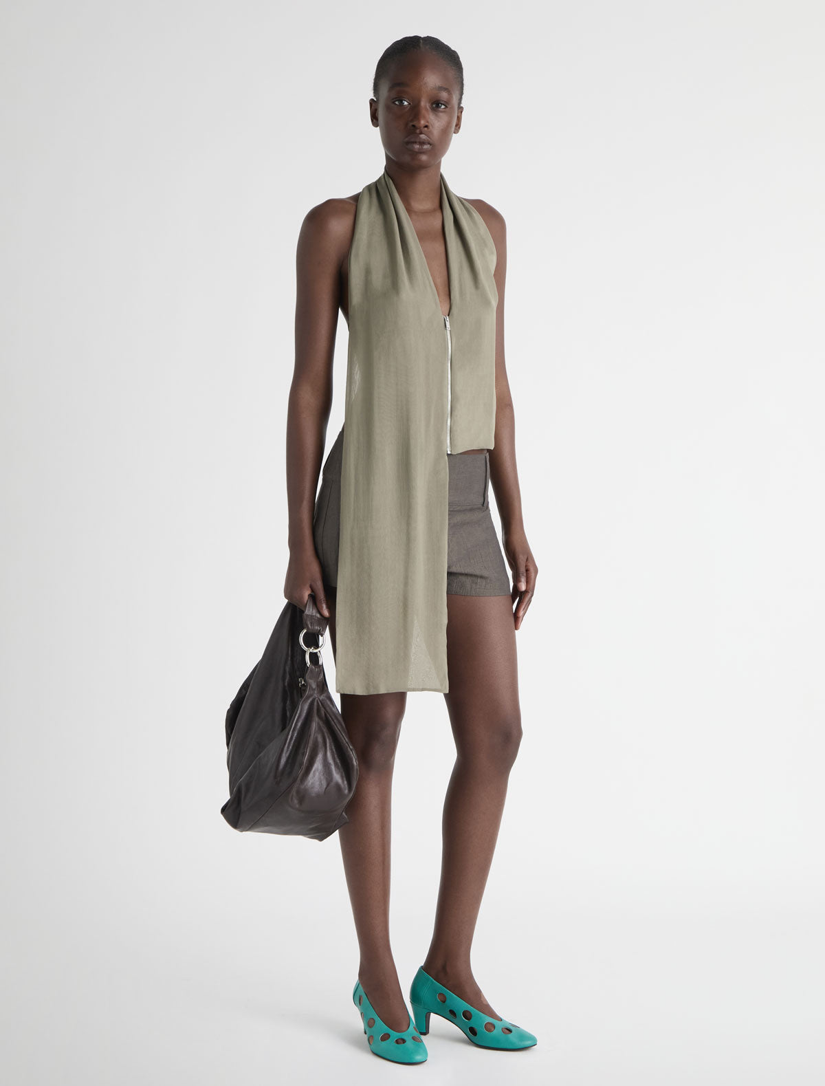 JINNO-Khaki silk top with a double-slider front zip closure