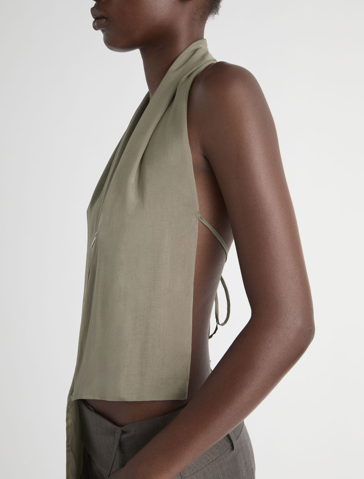 JINNO-Khaki silk top with a double-slider front zip closure