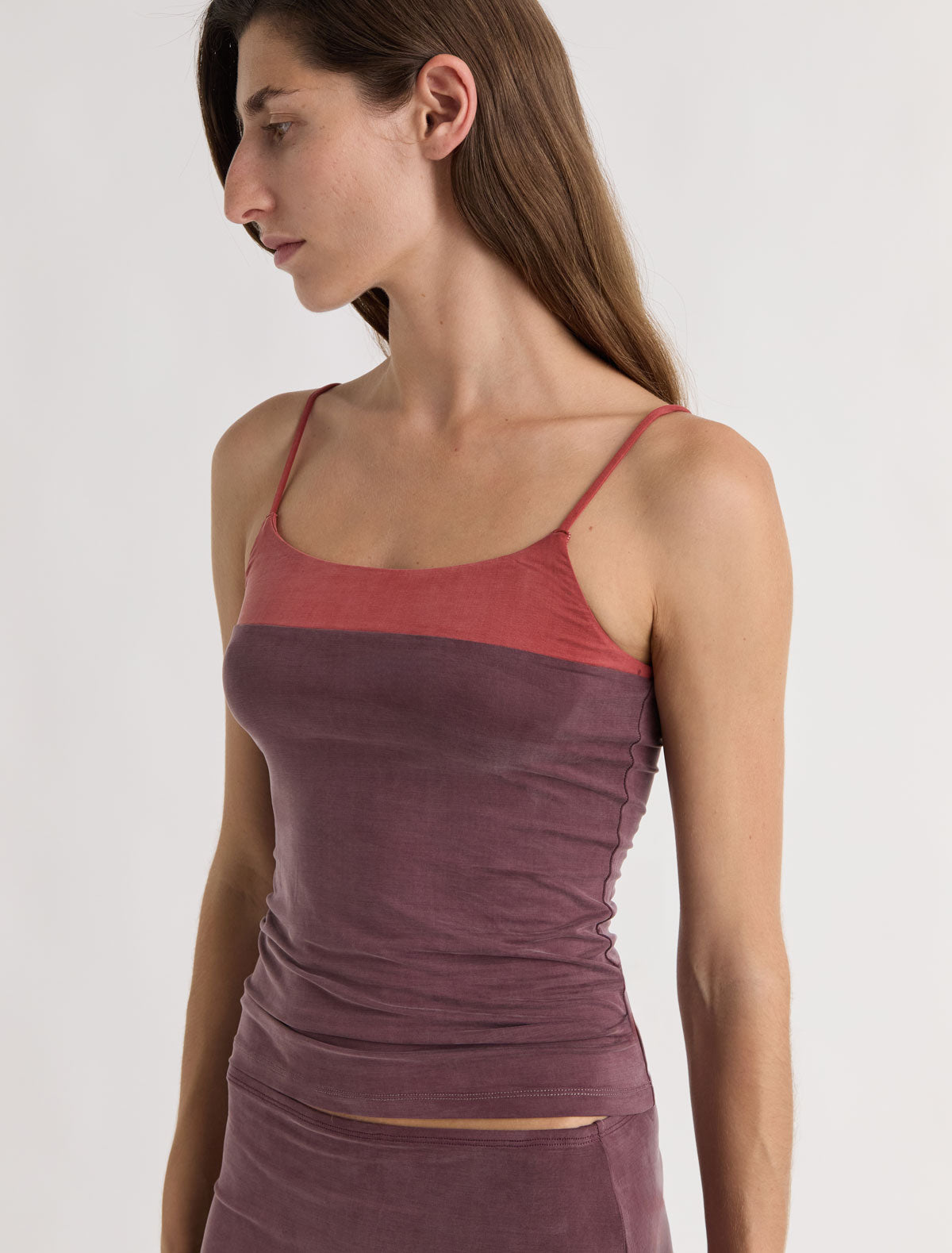 ZUNO-Aubergine cupro strappy top with a contrasting panel at the