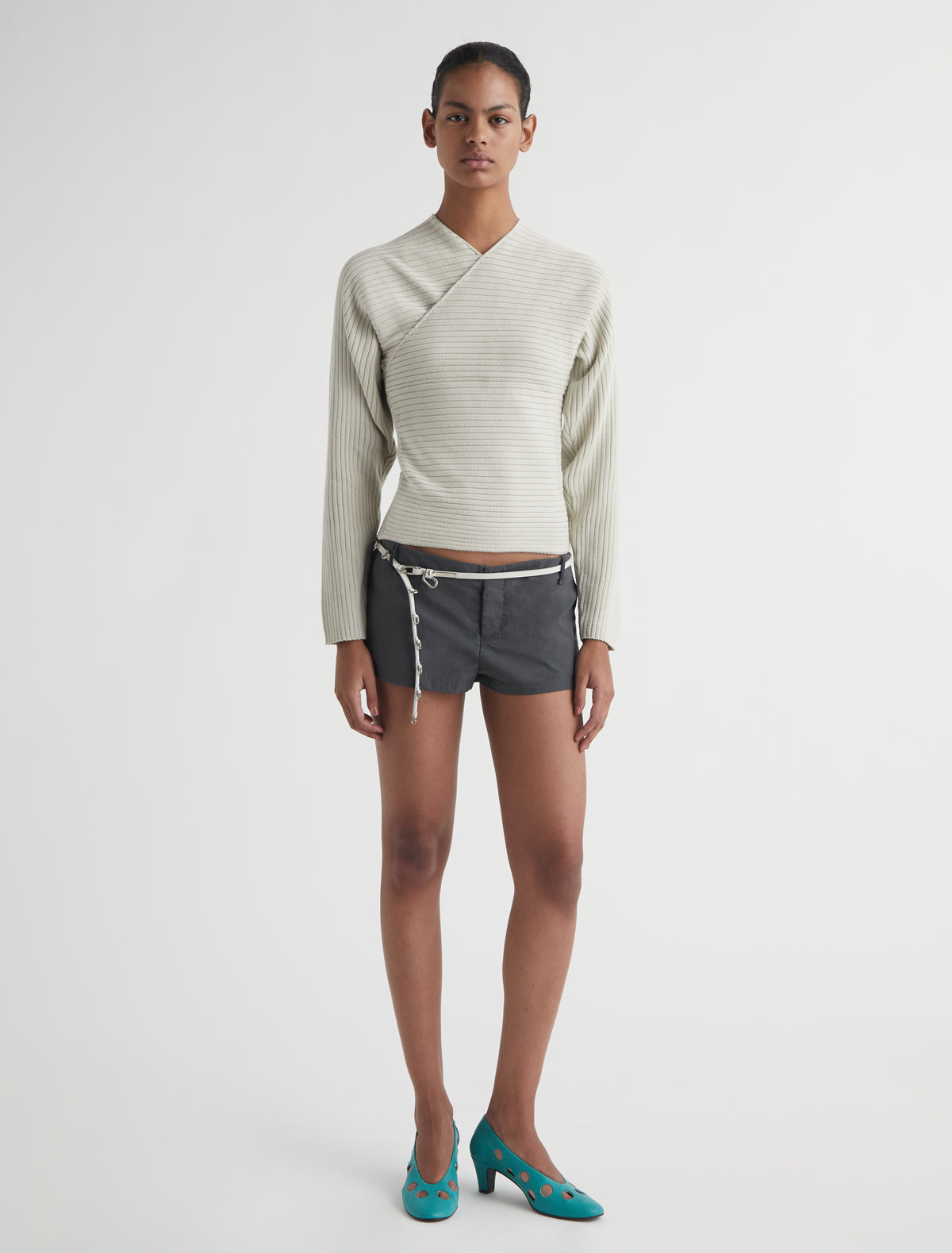 POLENTA-Off-white sweater with a crossover neckline at the chest