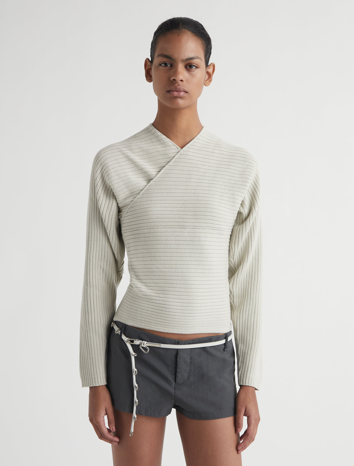 POLENTA-Off-white sweater with a crossover neckline at the chest