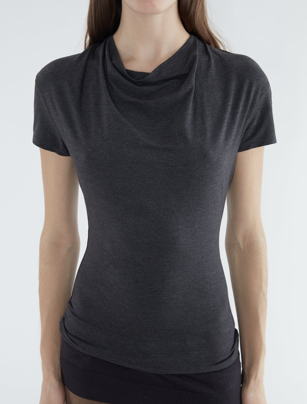 Raffa short sleeved top draped neckline ribbed hem grey