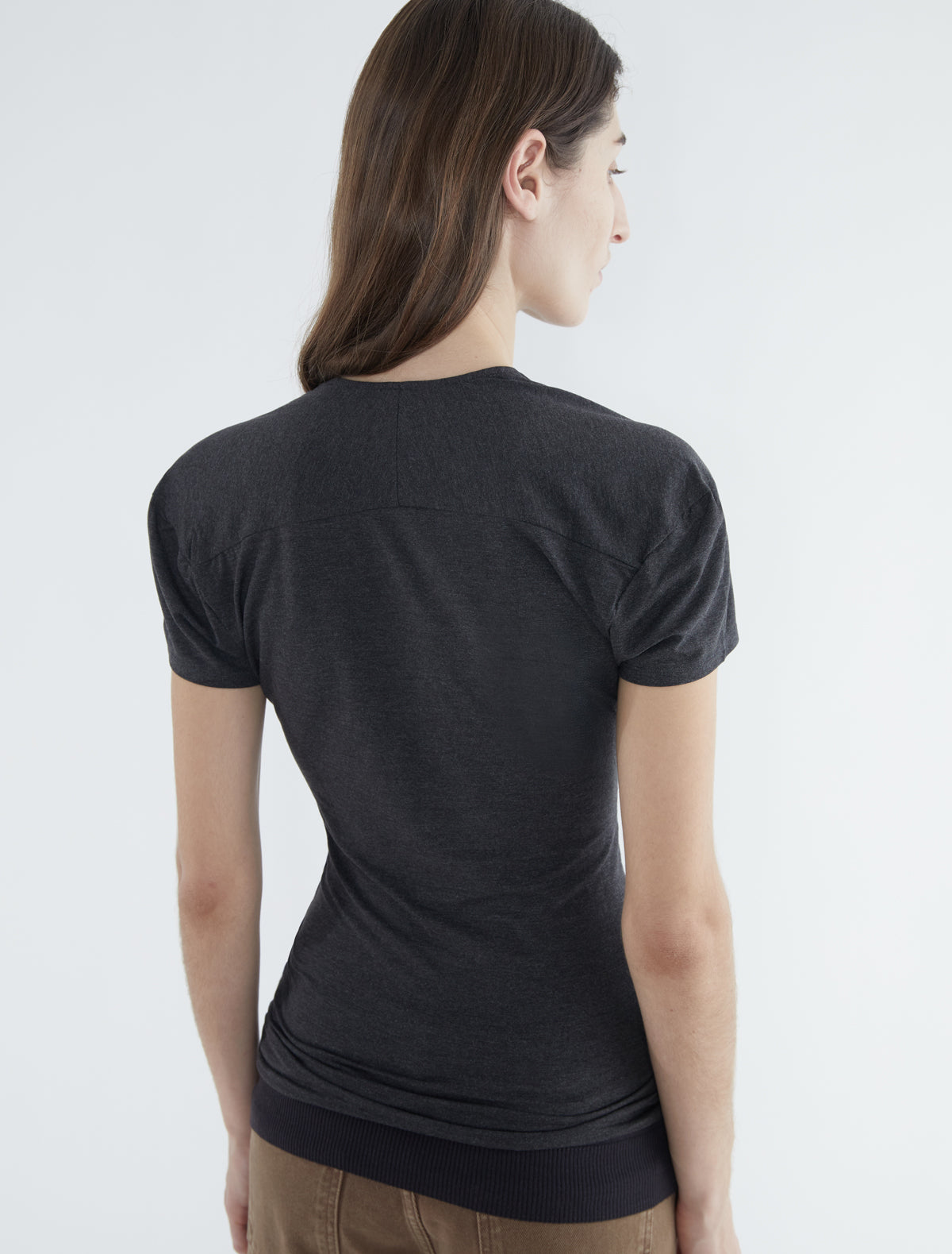 Raffa short sleeved top draped neckline ribbed hem grey