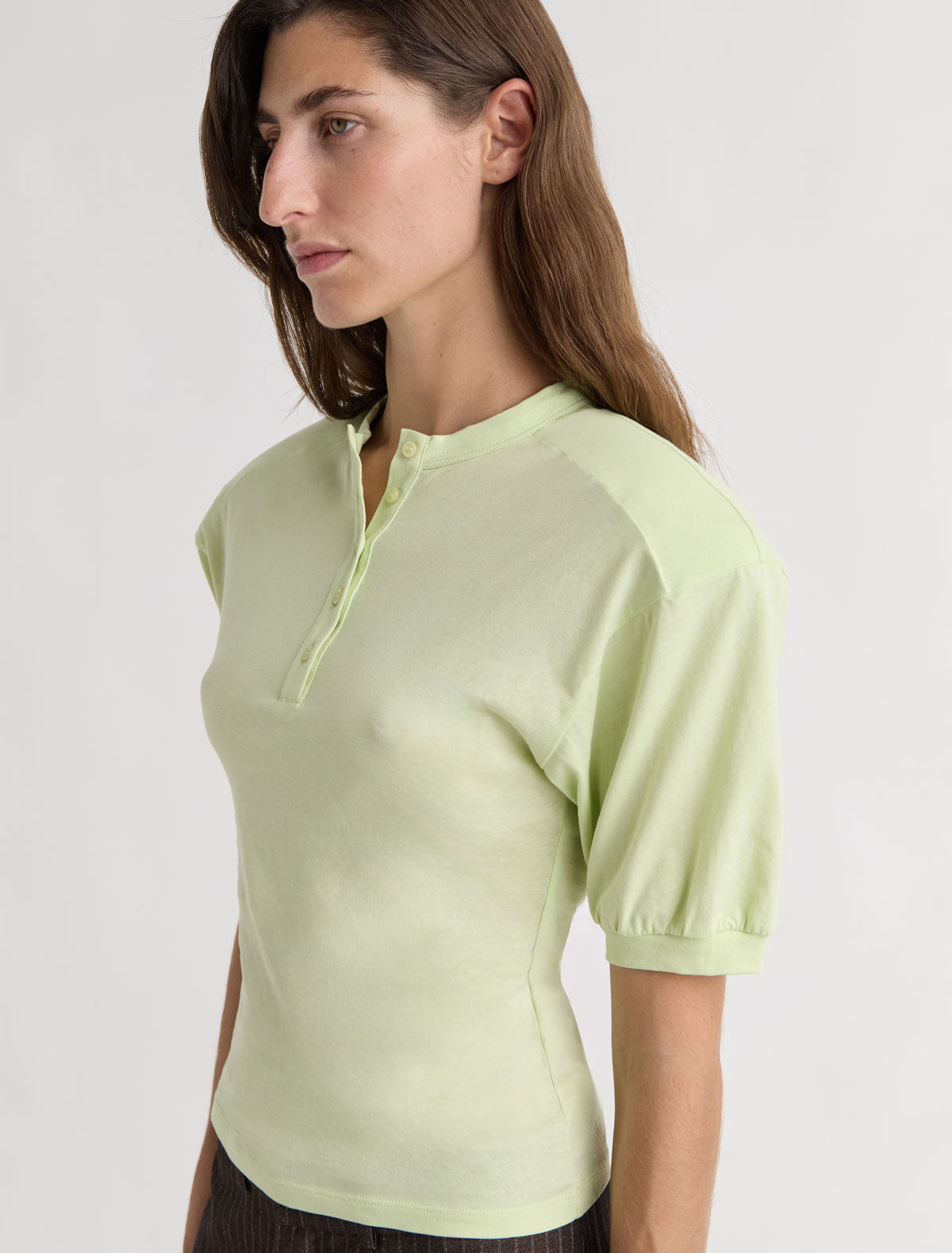 Renfo short sleeved top henley neckline raglan sleeves removable shoulder pads fluor