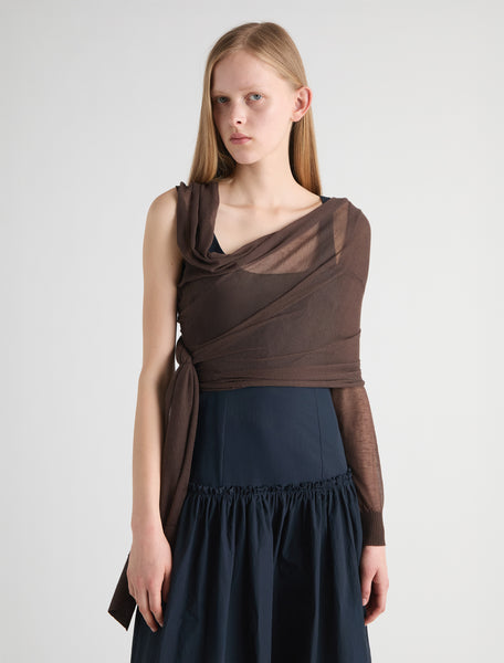 SAMIRA-Brown wrap-style knit top with an asymmetric design