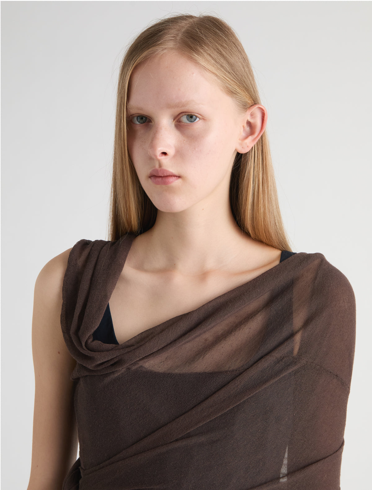 SAMIRA-Brown wrap-style knit top with an asymmetric design
