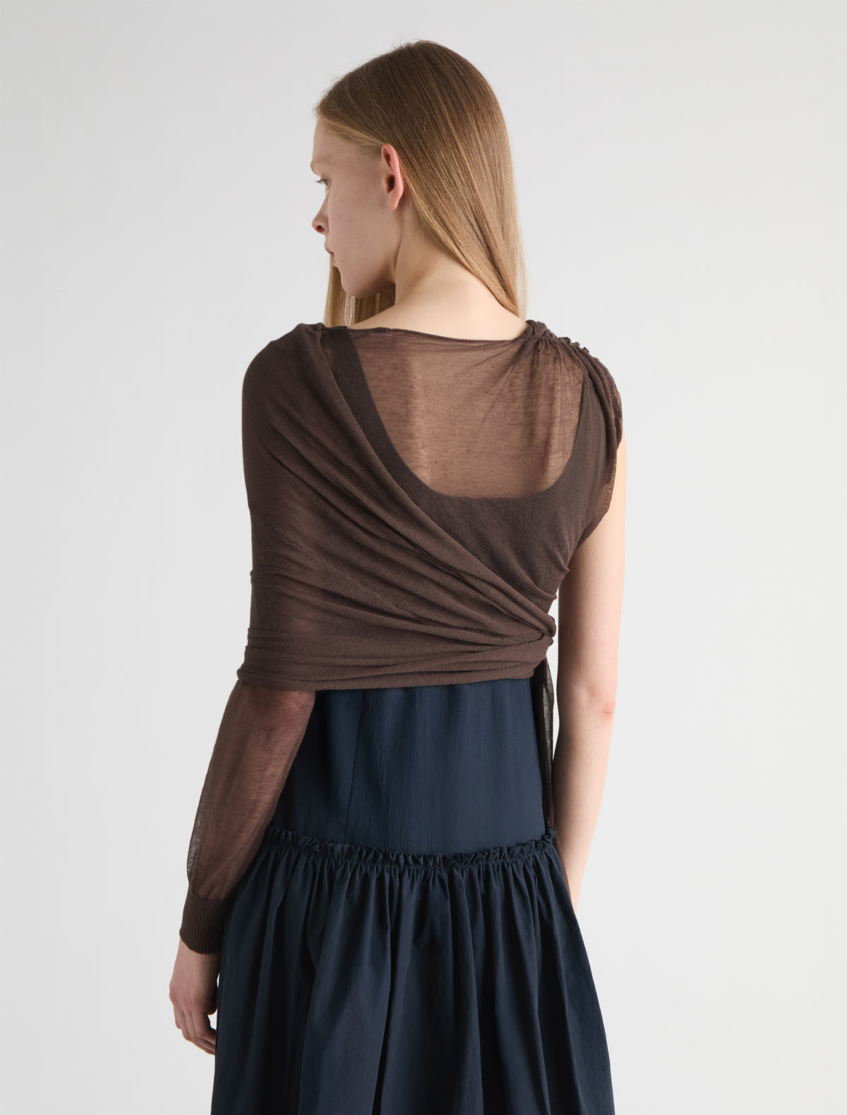 SAMIRA-Brown wrap-style knit top with an asymmetric design