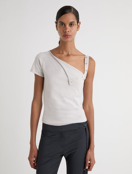 SAMIR-Grey asymmetrical top with a short sleeve on one side and a