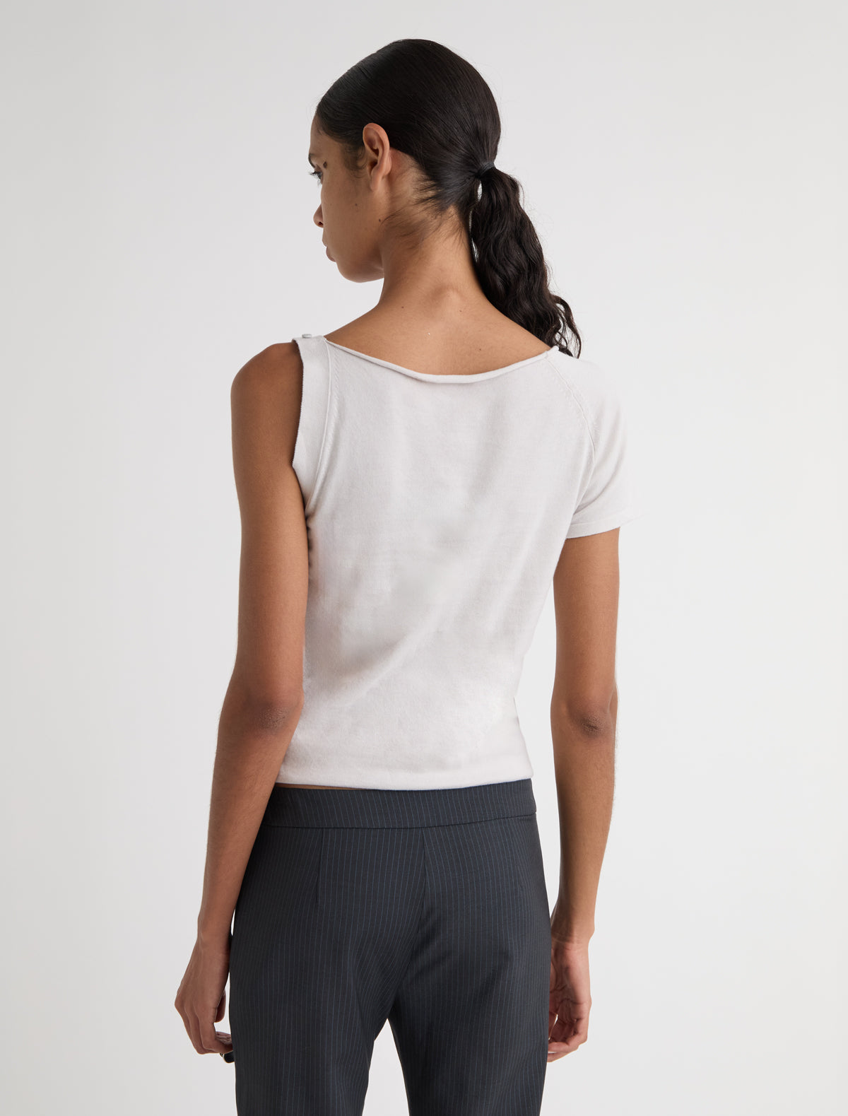 SAMIR-Grey asymmetrical top with a short sleeve on one side and a