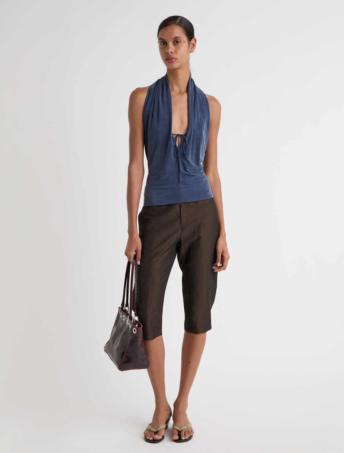 SAPITO-Navy slightly sheer halter top with front lacing – paloma wool