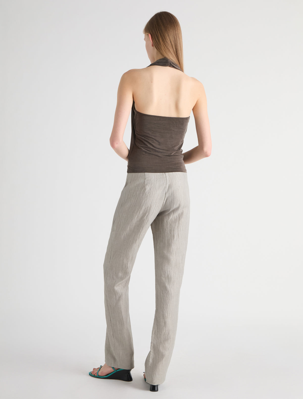 SAPITO-Dark brown slightly sheer halter top with front lacing