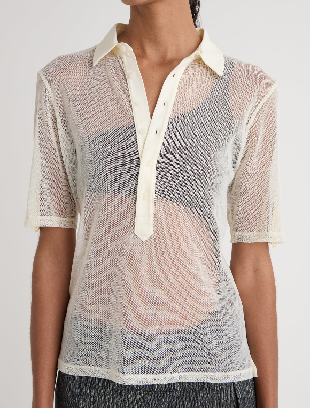 SILE-Off white tulle polo top with cotton collar and placket