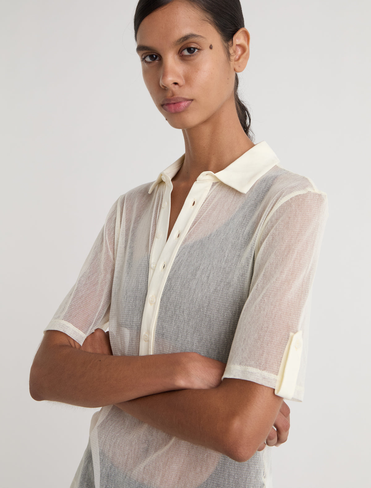 SILE-Off white tulle polo top with cotton collar and placket