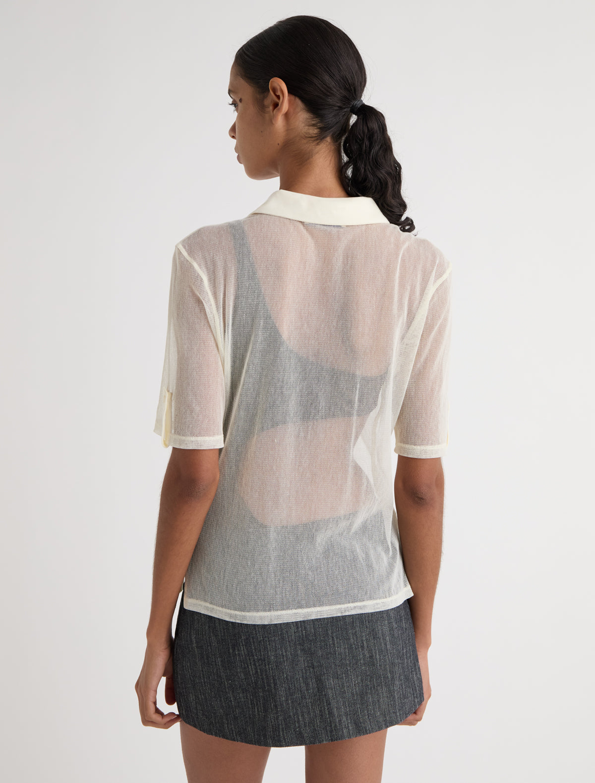 SILE-Off white tulle polo top with cotton collar and placket