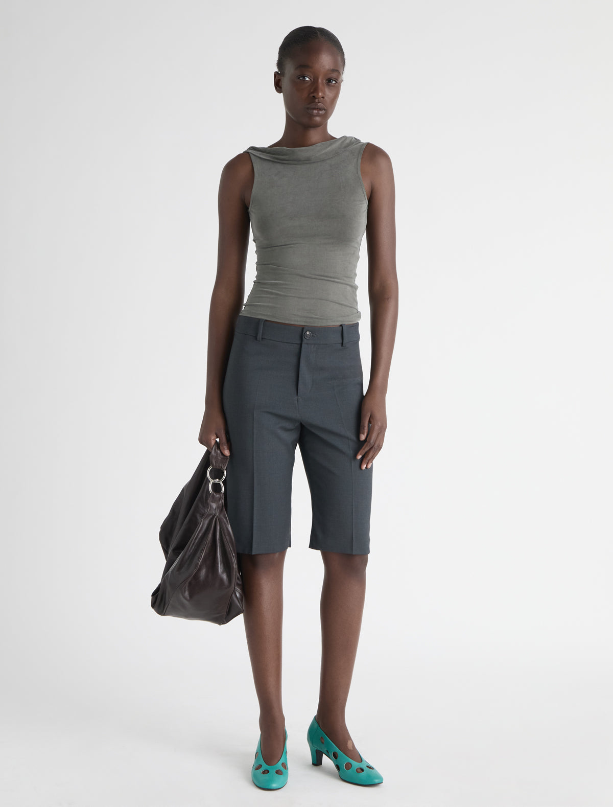 TARO-Khaki cupro top with open back neckline and draped piece