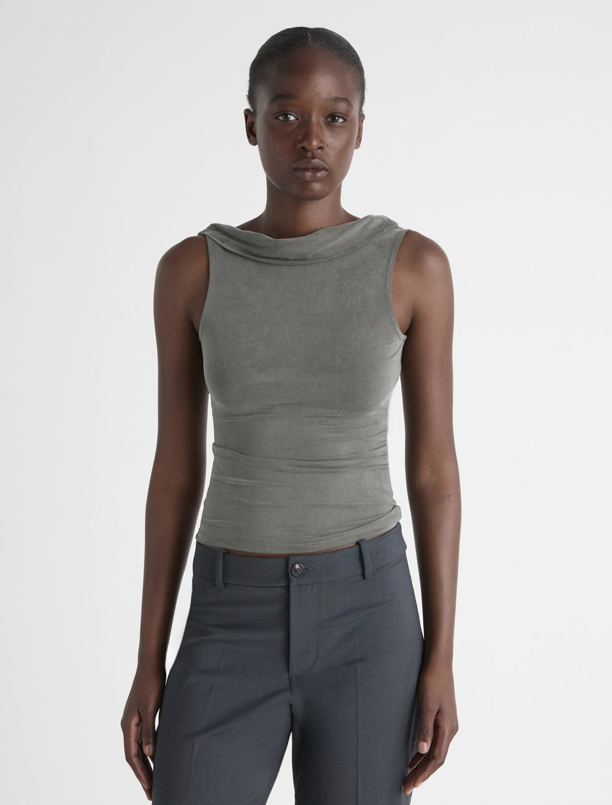 TARO-Khaki cupro top with open back neckline and draped piece