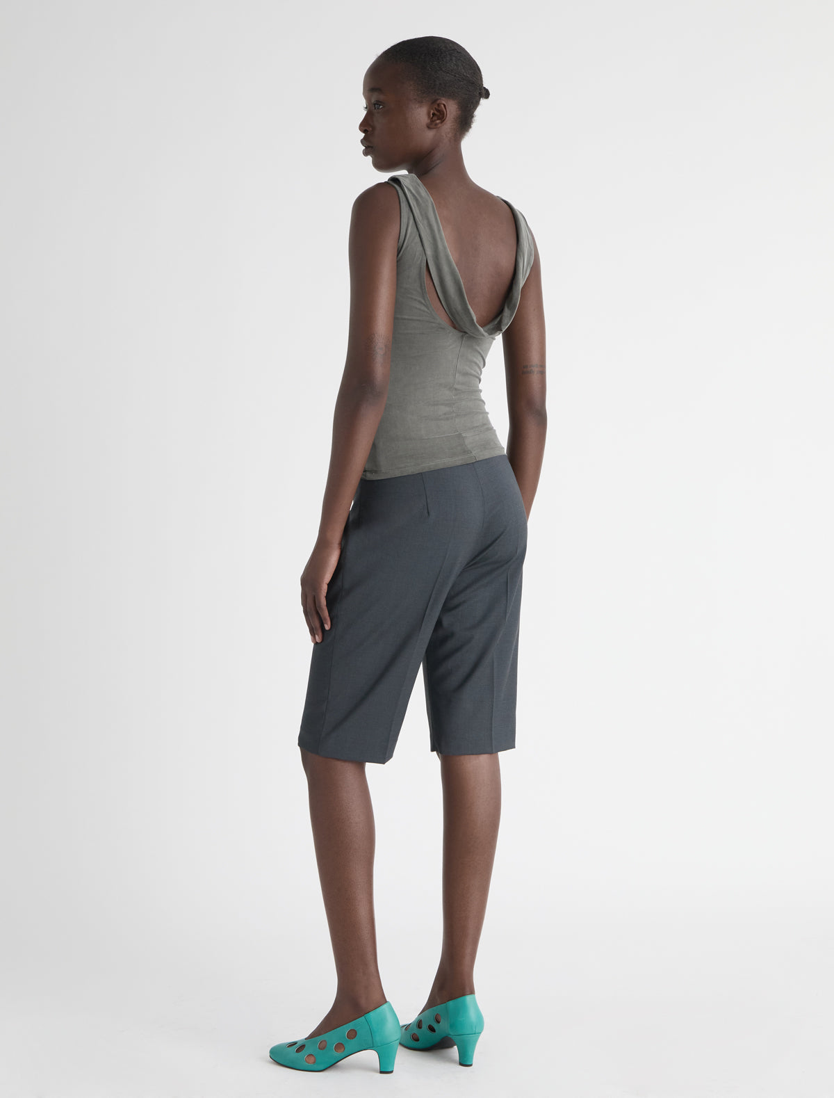 TARO-Khaki cupro top with open back neckline and draped piece