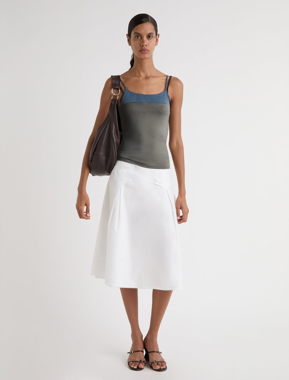 ZUNO-Khaki cupro strappy top with a contrasting panel at the chest