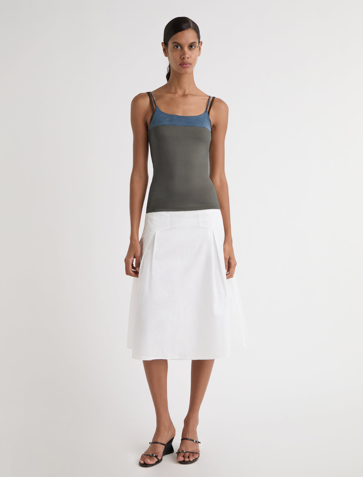 ZUNO-Khaki cupro strappy top with a contrasting panel at the chest