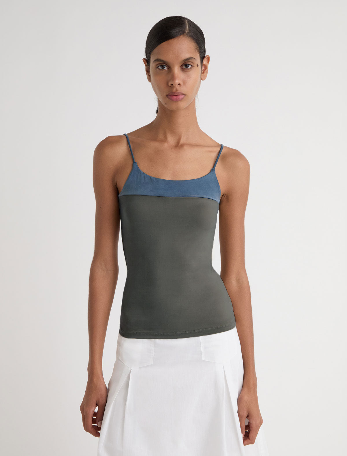 Zuno cupro strappy top contrasting panel chest beige