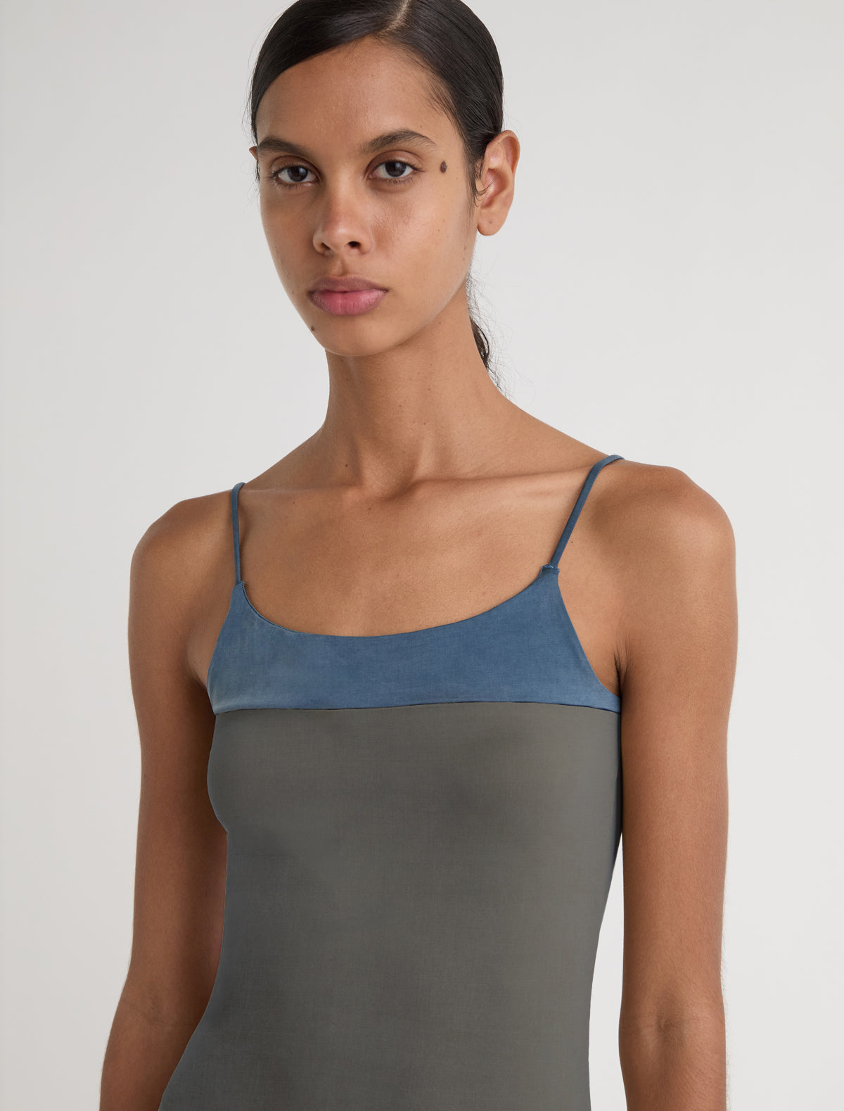 ZUNO-Khaki cupro strappy top with a contrasting panel at the chest