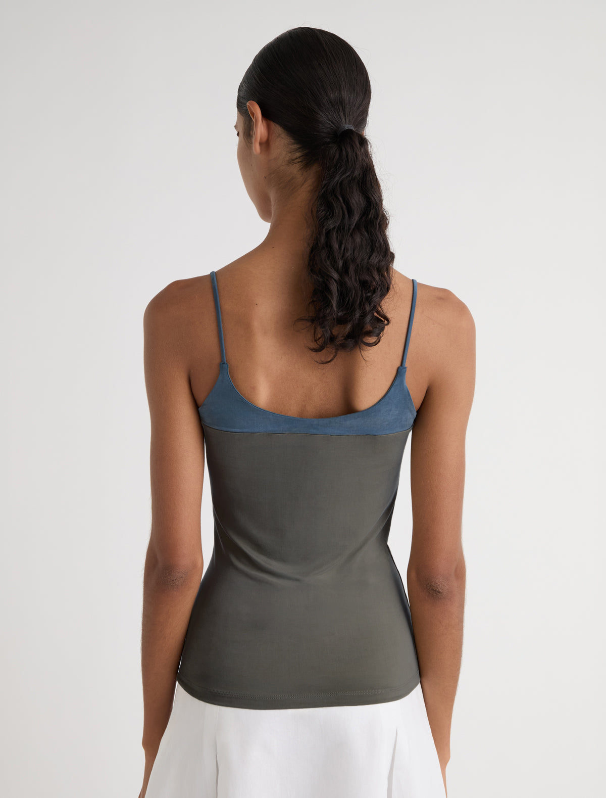 ZUNO-Khaki cupro strappy top with a contrasting panel at the chest