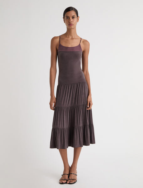 NARO-Aubergine long strappy cupro dress with ruffle detailing