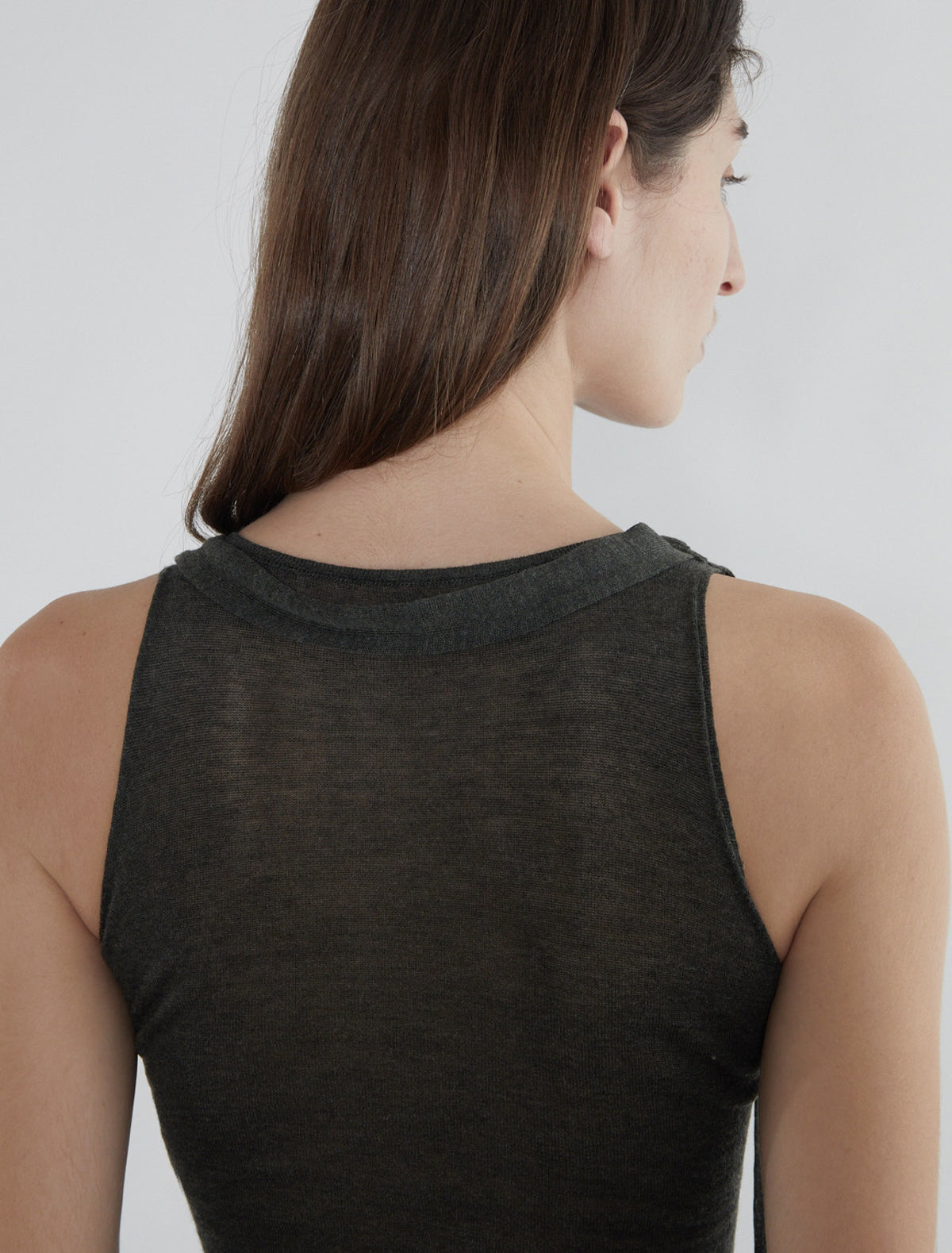 Oliveti sheer long dress straps shoulders faux necklaces khaki