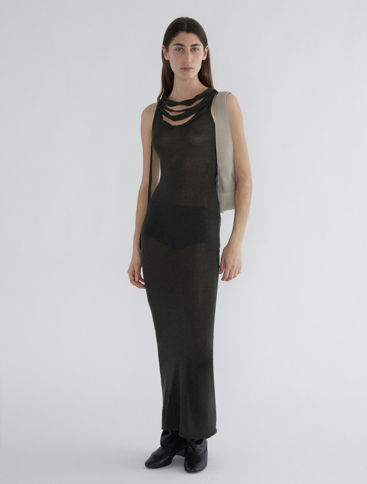 Oliveti sheer long dress straps shoulders faux necklaces khaki