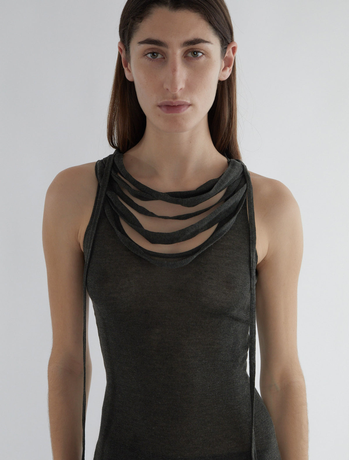 Oliveti sheer long dress straps shoulders faux necklaces khaki