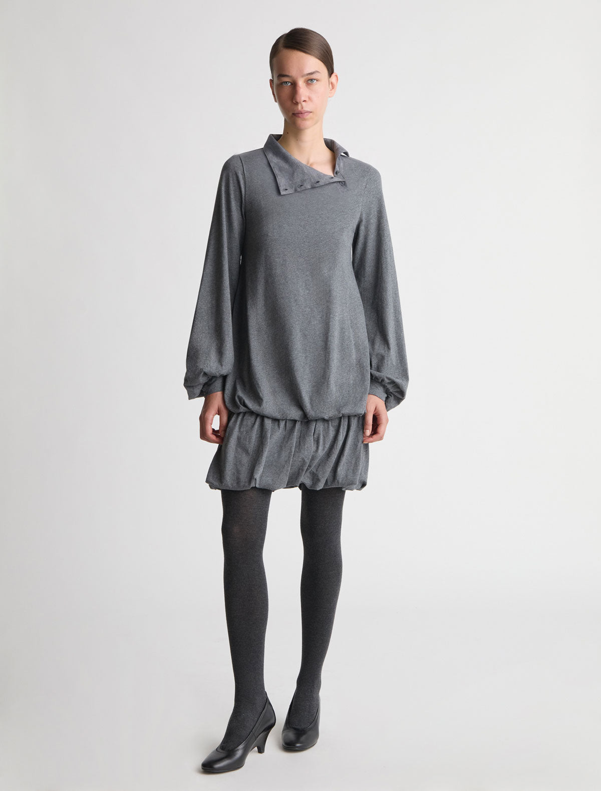 Sara dress drop waist cotton dress gathered voluminous shape grey