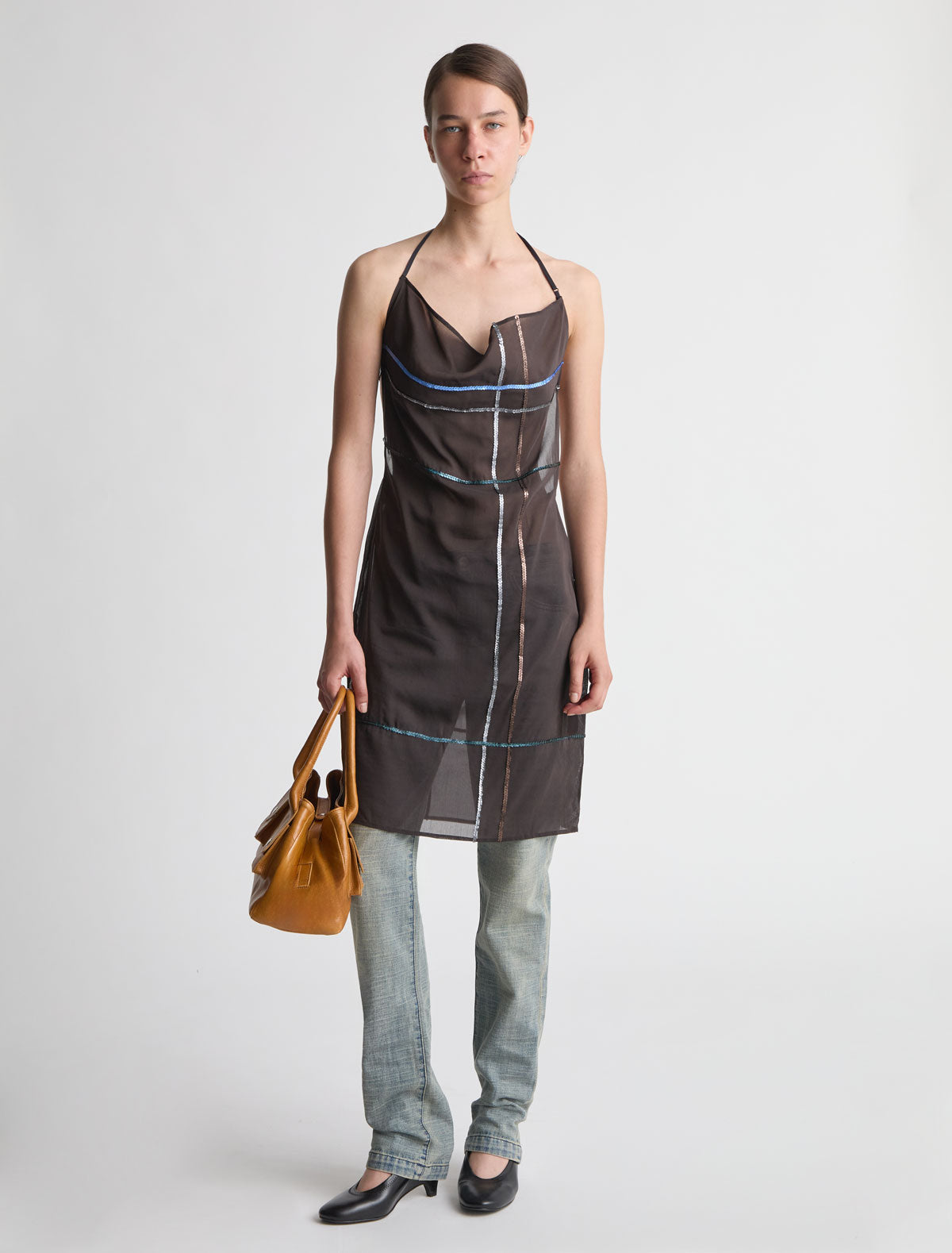Senda dress sequin embroidery fringe detail hem brown