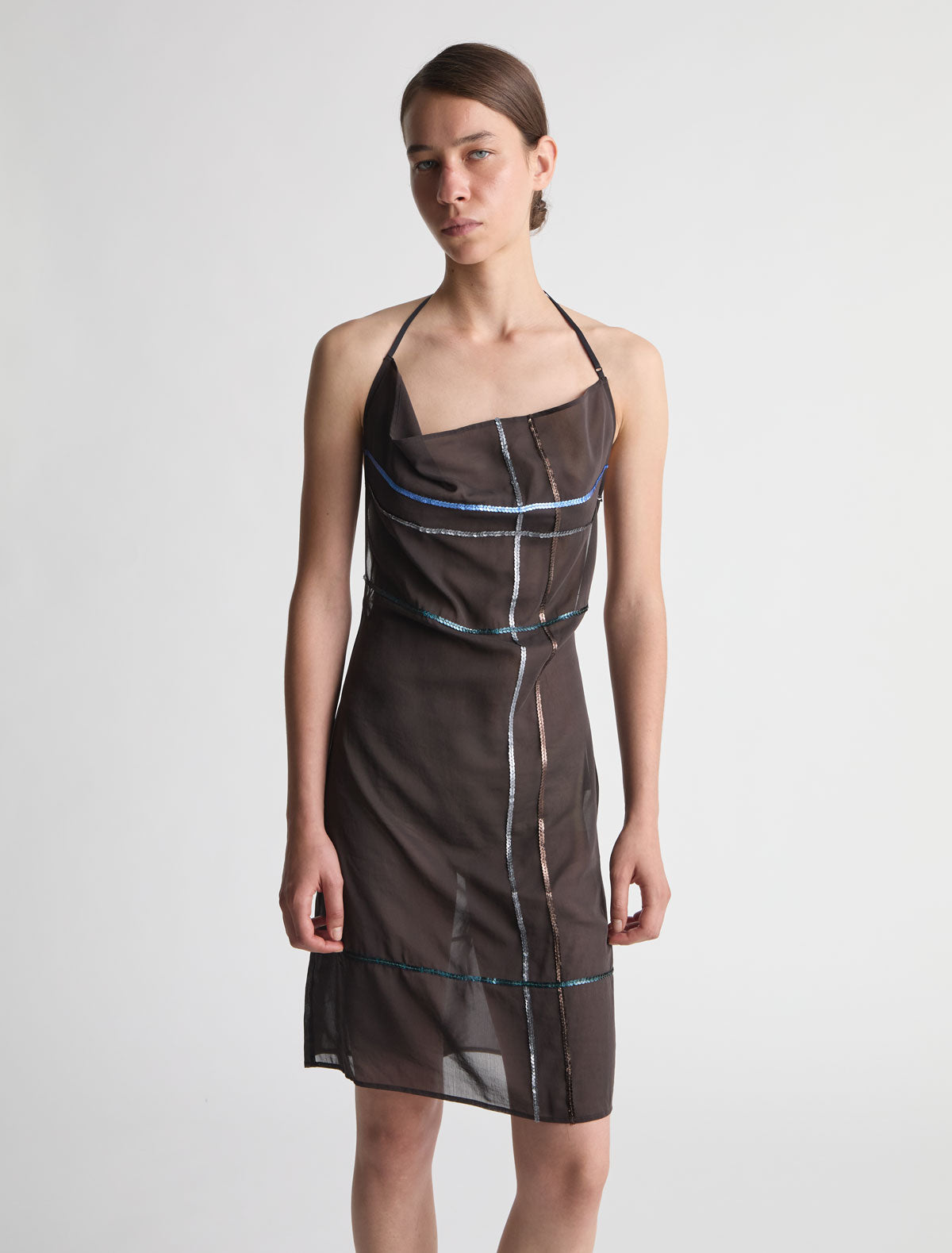 Senda dress sequin embroidery fringe detail hem brown