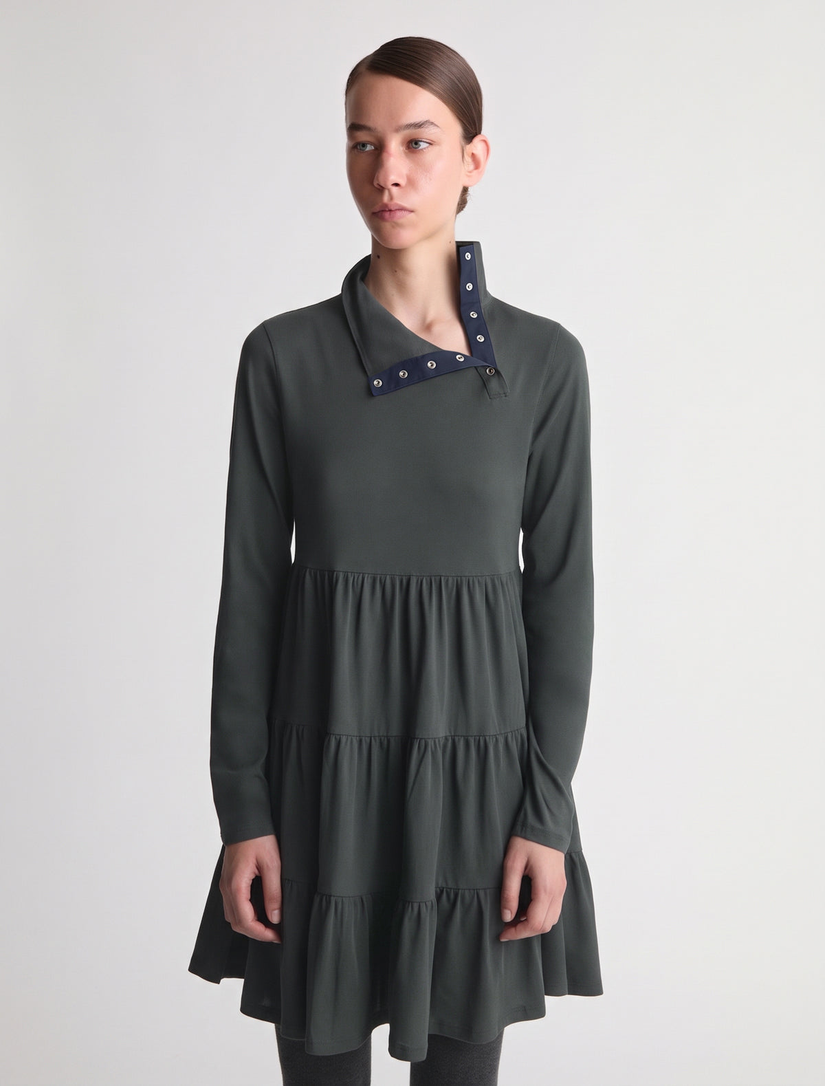 Vera long sleeve cotton dress high neckline off center placket khaki