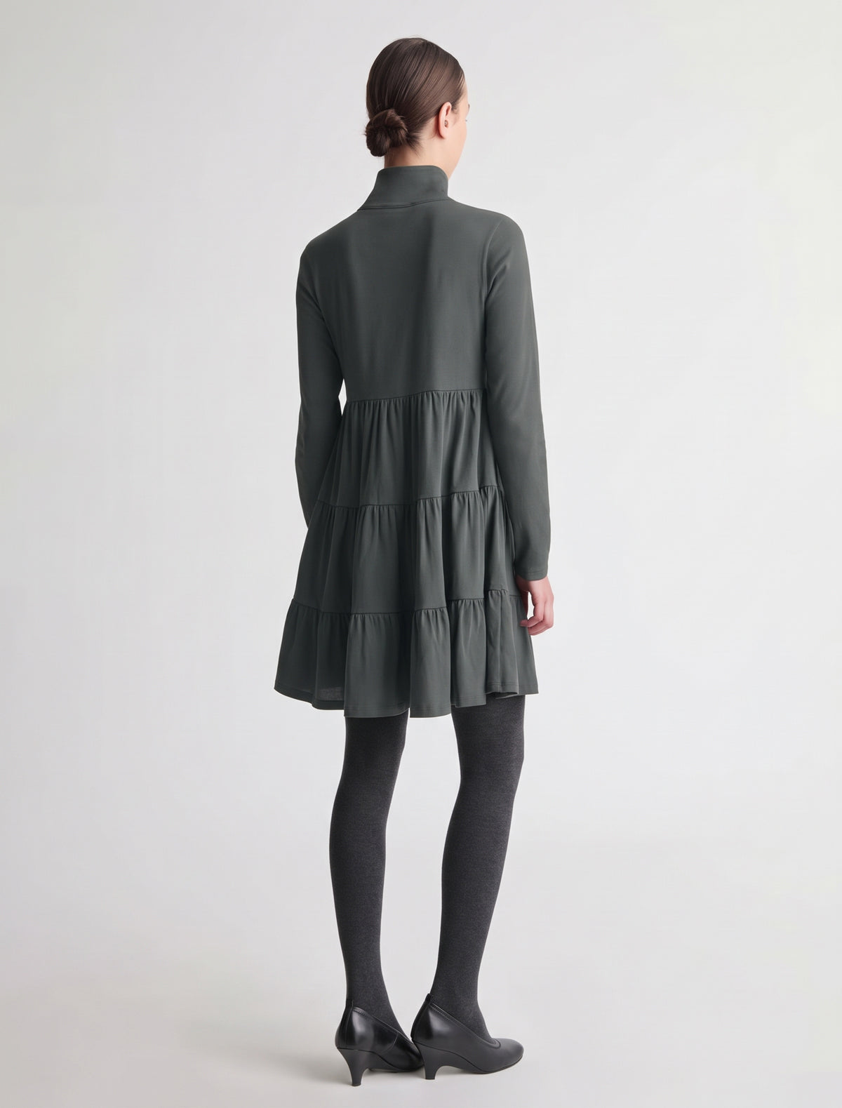 Vera long sleeve cotton dress high neckline off center placket khaki