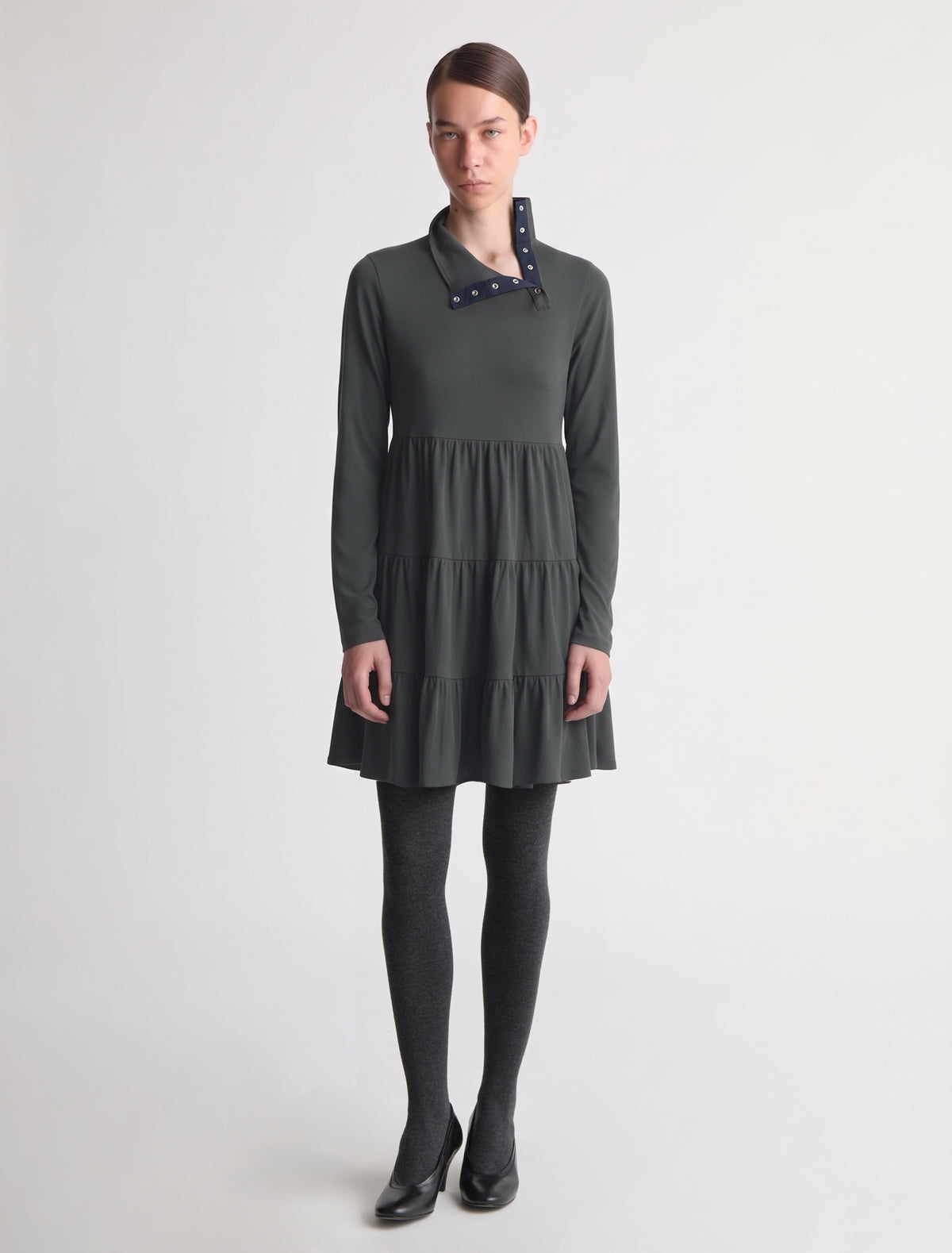 Vera long sleeve cotton dress high neckline off center placket khaki