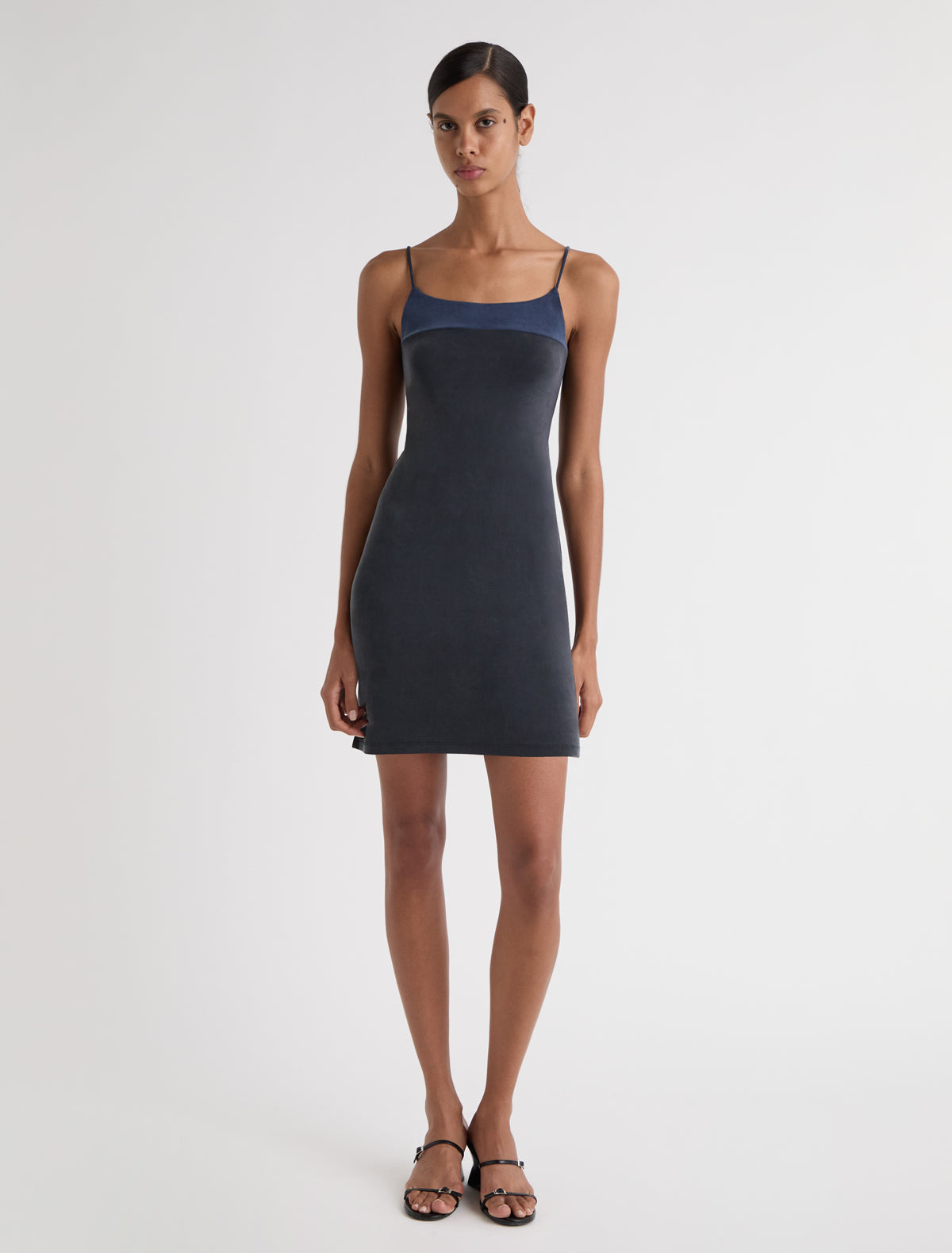 Zuno dress short strappy cupro dress contrasting panel chest navy