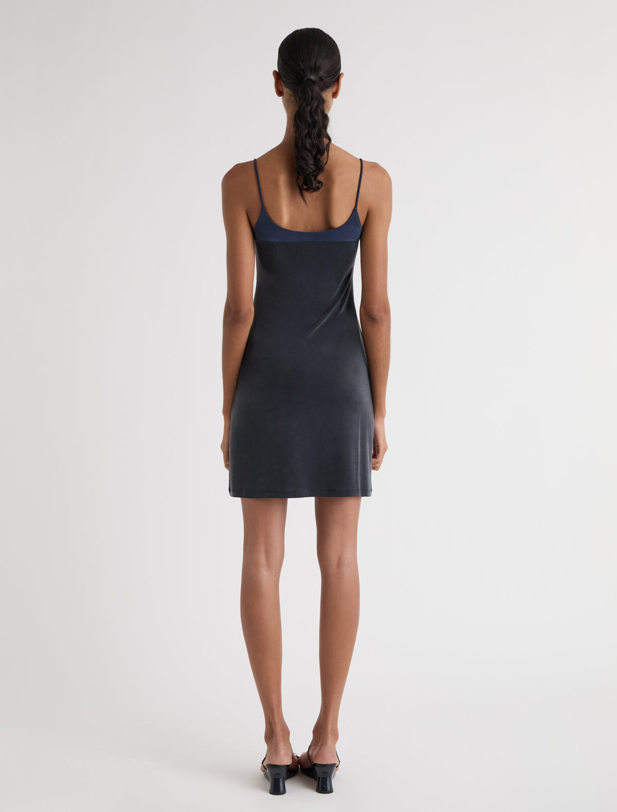 Zuno dress short strappy cupro dress contrasting panel chest navy
