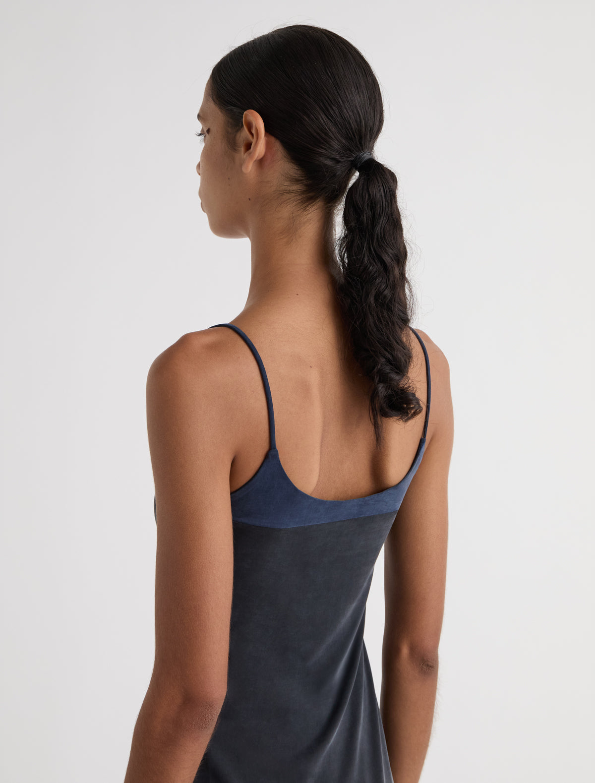 ZUNO DRESS-Navy short strappy cupro dress with a contrasting panel