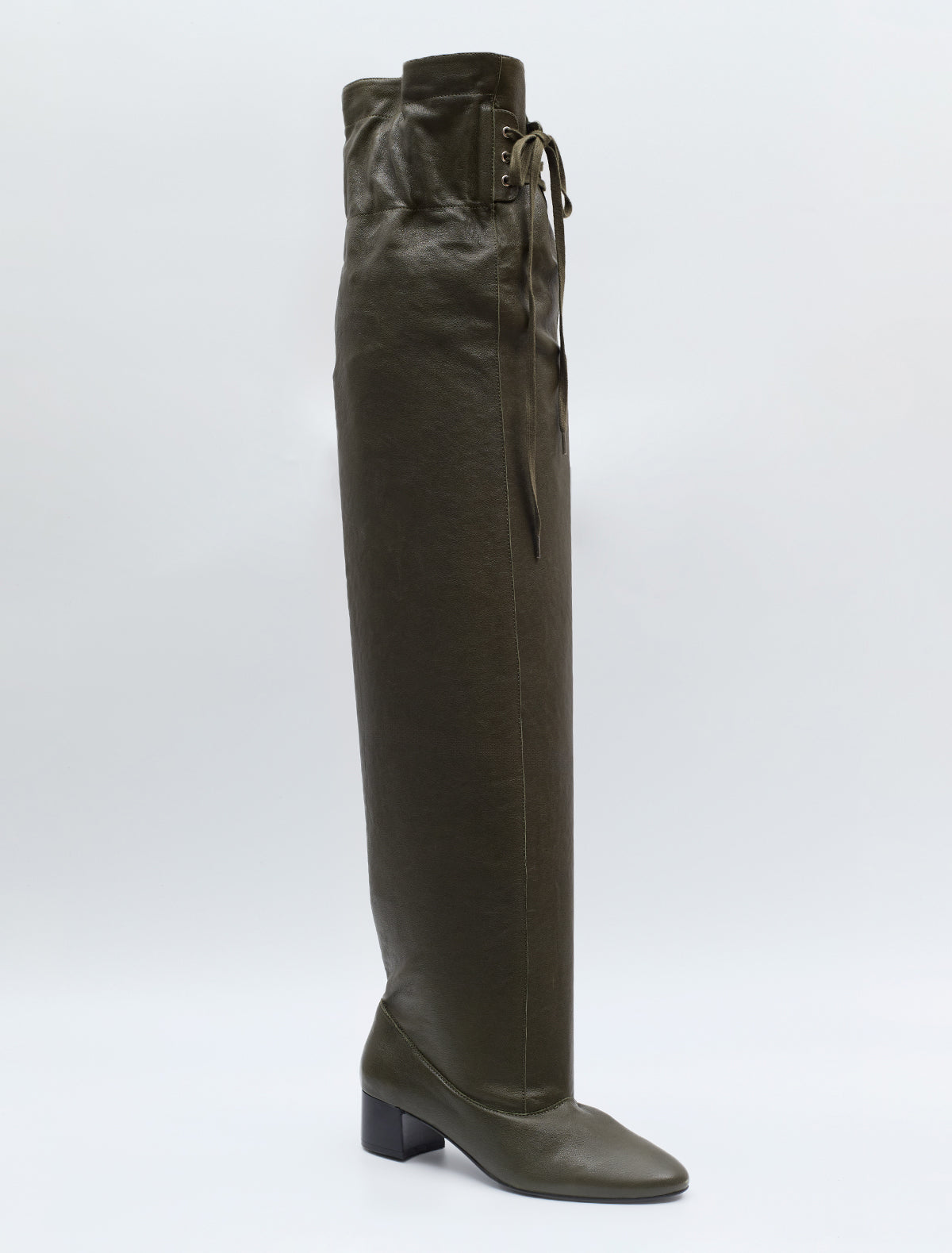 Tall victoria loose high rise leather boots front lacing khaki
