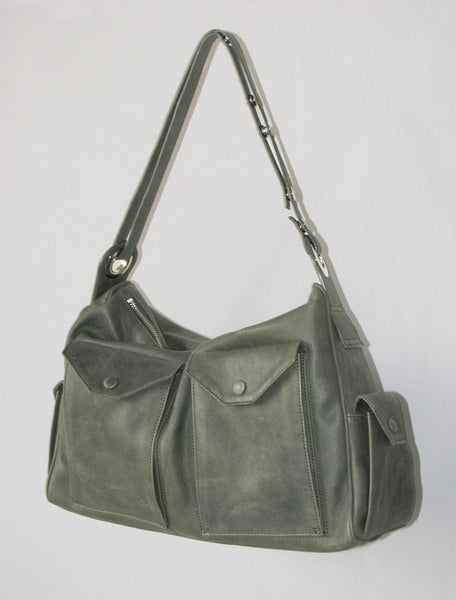 BELINDA-Khaki soft leather bag with exterior pockets and adjustable handle