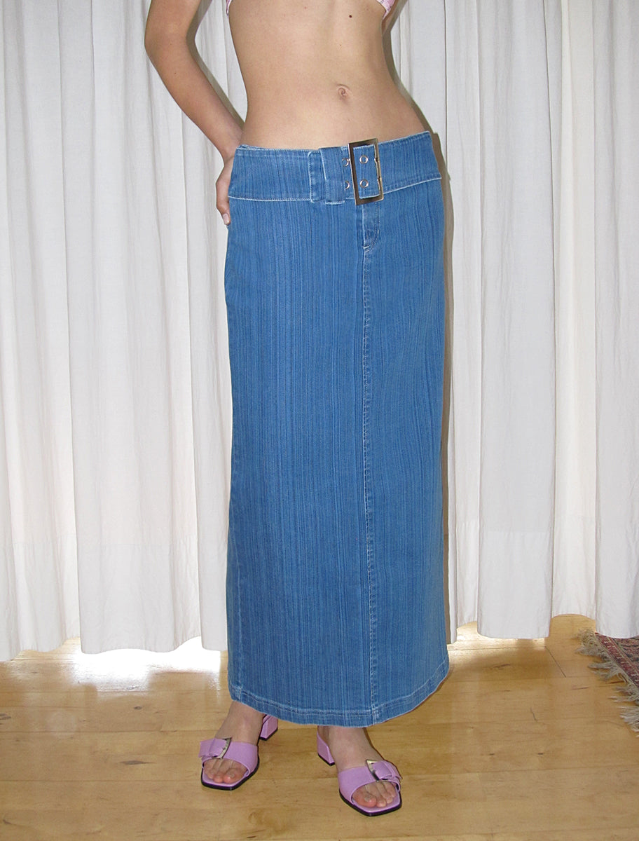 VIRI-Low rise elastic denim long skirt with wide waist